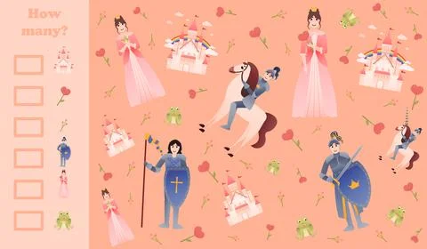 Difficult puzzle for kids, how many game with fairy tale characters - princes Stock Illustration