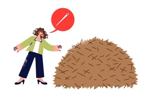 Difficult task for woman looking for needle in haystack, nervous because of fear Stock Illustration