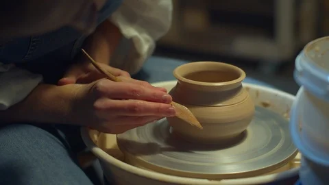 Difficult work with clay. Potter's Instruments Stock Footage 128182379
