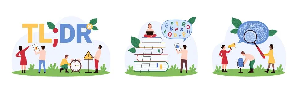 Difficulty in learning and communication of tiny people, slang, TLDR Illustrazione stock