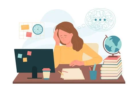 Difficulty in learning and work, girl sitting at computer desk with confusion of Stock Illustration