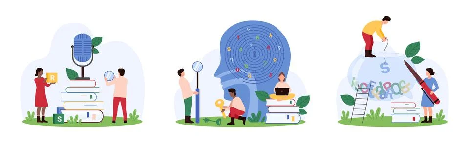 Difficulty of understanding and reading letters, speech therapy, learning Stock Illustration