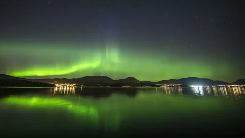 Diffuse Aurora Borealis diffusion over sea Stock Footage 250791786