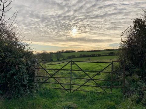 Diffuse December Sunset And Mackerel Sky Viewed From Old Farm Gate Foto stock