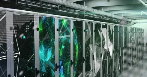 Diffuse dots initiating data flow along server cabinets pulsing mesh visualizing Stock Footage 310282824