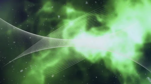 Diffuse green nebula drifting after white mesh ribbon intersecting scene and Stock Footage 313308243