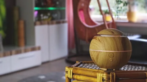 A diffuser distributes flavored water as steam in the living room. Blurred ba Stock Footage 264781973