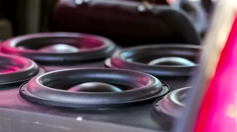 Diffusers of Car Speakers Moving With Sound. Slow motion Stock Footage 48958941