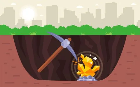 Dig a big hole and find a gold nugget. searching for gold underground. Stock Illustration
