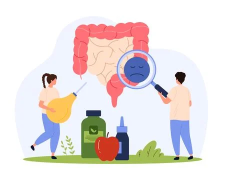 Digestion problems in intestines, diagnosis by tiny doctors with magnifying 스톡 일러스트