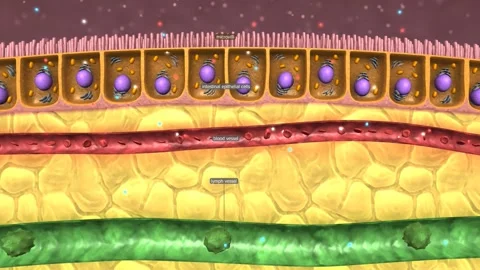 Digestive molecules pass through cell membranes the small intestine into blood Stock Footage 228858794