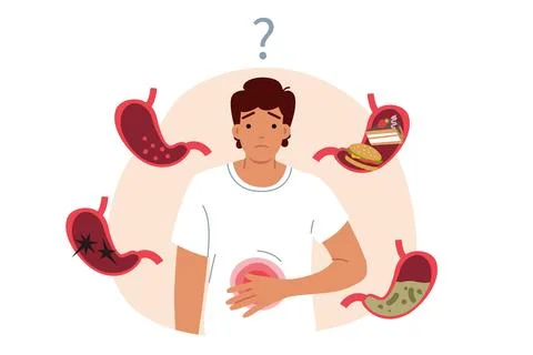 Digestive problems in man standing among stomachs are caused by unknown reasons. Stock Illustration