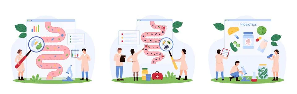 Digestive system health set, tiny people with magnifying glass check good, bad Illustrazione stock