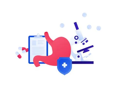 Digestive system, microscope, pill medicine and shield protection symbol Stock Illustration