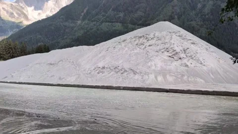 Digger shovelling sand from the river in Chamonix into a pile Stock-Footage 342448722