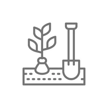 Digging up plants, planting tree, trees with shovel line icon. Stock Illustration