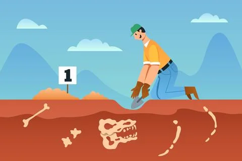 Digging Soil For Pre Historic Bone Stock Illustration