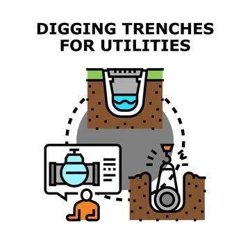Digging trenches for underground utilities infrastructure Stock Illustration
