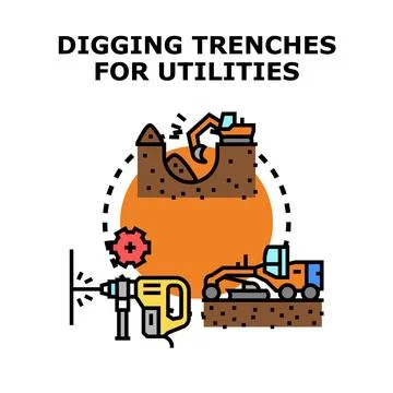 Digging trenches for utilities construction developing infrastructure Illustrazione stock