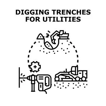 Digging trenches for utilities construction developing infrastructure Stock Illustration