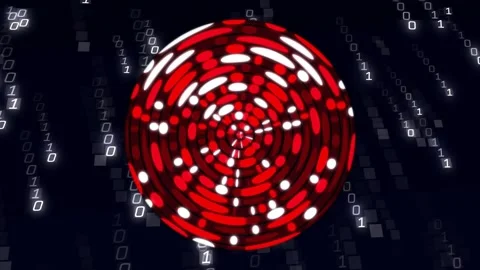 Digit 1 floating starting concentric rings rotating, binary streams falling Video stock 318259910