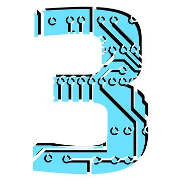 Digit 3 perforated with PCB circuit board tracks isolated on white. Stock Illustration