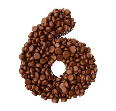 Digit 6 made of chocolate Chips Chocolate Pieces Alphabet Letter 6 3d illus.. Stock Illustration