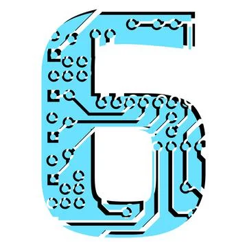Digit 6 perforated with PCB circuit board tracks isolated on white. Stock Illustration