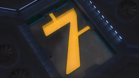 Digit 7 Made of Liquid Gold in Giant Sci-Fi Forge Stock Footage 252647103