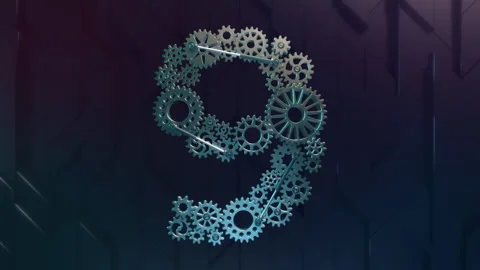 Digit 9 made of metallic cogwheels. 4K Animation, Abstract geometric background. Stock Footage 269404190