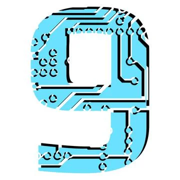Digit 9 perforated with PCB circuit board tracks isolated on white. Stock Illustration