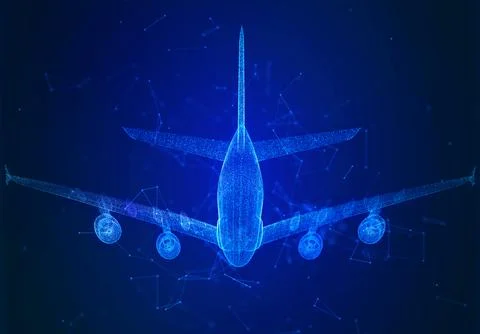 Digital 3d airplane. Abstract wireframe of airliner in the sky. Travel, tourism Stock Illustration