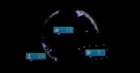 Digital 3D data globe floating on dark screen, showing blue social media bubbles Stock Footage 308675813