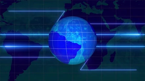 Digital 3D earth globe intertwined with blue neon lines and map overlay, sy.. Stock Footage 321625168
