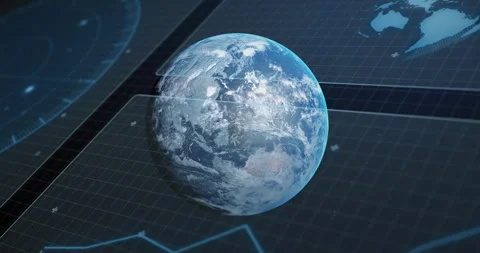 Digital 3D globe appearing on grid, rotating eastward as polyline graph Stock Footage 314744272