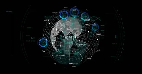Digital 3D globe rotating with grid overlay, floating nodes and numeric codes in Stock Footage 327845146