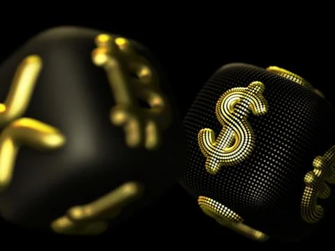 Digital 3D golden dices with cryptocurrency and fiat currency symbols Stock Illustration