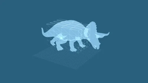 Digital 3D Grid Triceratops Mesh Render in Blue Virtual Reality Scene Stock-Footage 343640705