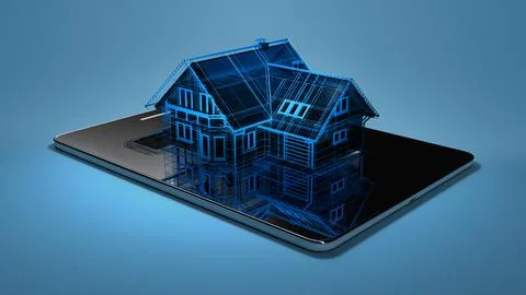 Digital 3D house wireframe model on a tablet screen. Stock Illustration