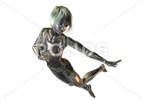 Digital 3D Illustration of a female Cyborg; Cutout on transparent Background PSD Template
