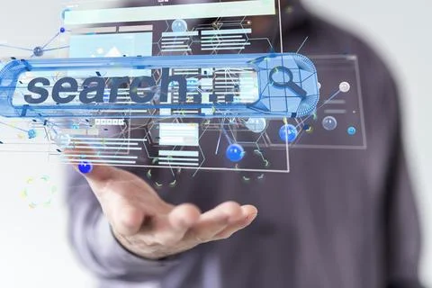 Digital 3d Interface web application floating in hand Foto stock