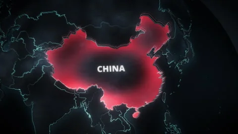 Digital 3D Map of China with Red Pulsating Highlight and Tech Outlines Stock Footage 334611965