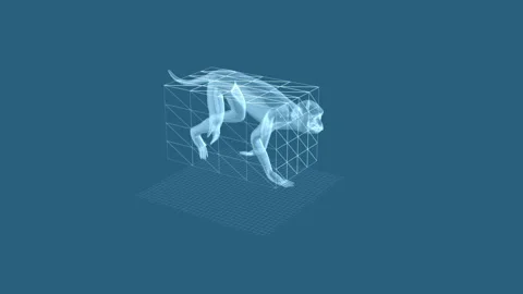 Digital 3D Monkey Model in Geometric Cage on Blue Background Explores Freedom Stock Footage 342315900