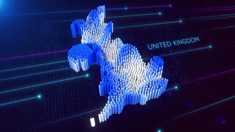 Digital 3D Perspective Dynamic Rippling Map of United Kingdom in Blue and White Video stock 280256593