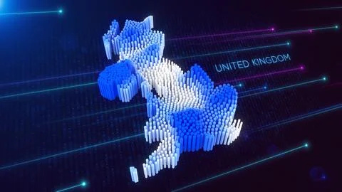 Digital 3D Perspective Dynamic Rippling Map of United Kingdom in Blue and White Stock Illustration