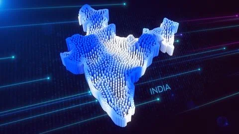 Digital 3D Perspective Dynamic Rippling Map of India in Blue and White Stock Illustration