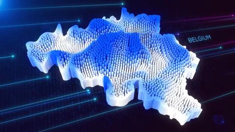 Digital 3D Perspective Dynamic Rippling Map of Belgium in Blue and White Stock Illustration