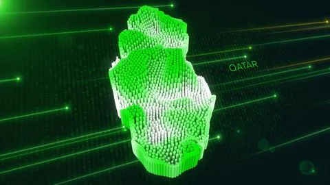 Digital 3D Perspective Dynamic Rippling Map of Qatar in Green and White Stock Illustration