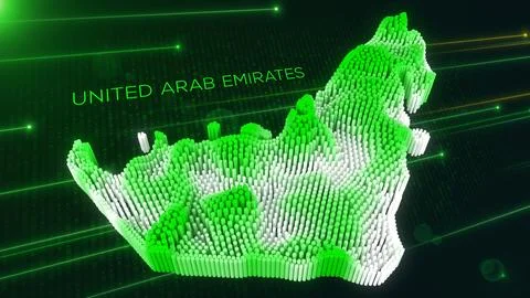 Digital 3D Perspective Dynamic Rippling Map of UAE in Green and White Stock Illustration