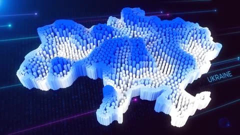 Digital 3D Perspective Dynamic Rippling Map of Ukraine in Blue and White Stock Illustration